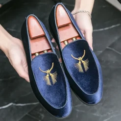 Men's Green Velvet Loafers with Gold Embroidery – Luxurious Slip-On Shoes for Formal Events and Weddings