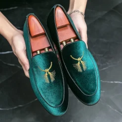 Men's Green Velvet Loafers with Gold Embroidery – Luxurious Slip-On Shoes for Formal Events and Weddings