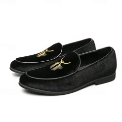 Men's Green Velvet Loafers with Gold Embroidery – Luxurious Slip-On Shoes for Formal Events and Weddings