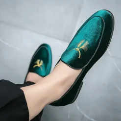 Men's Green Velvet Loafers with Gold Embroidery – Luxurious Slip-On Shoes for Formal Events and Weddings