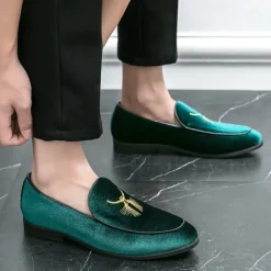 Men's Green Velvet Loafers with Gold Embroidery – Luxurious Slip-On Shoes for Formal Events and Weddings