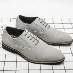 Men's Grey Suede Oxford Shoes – Classic Cap Toe Lace-Up Dress Shoes for Business, Weddings & Formal Events