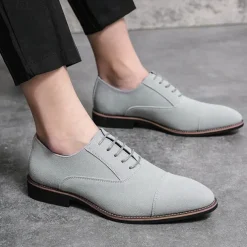 Men's Grey Suede Oxford Shoes – Classic Cap Toe Lace-Up Dress Shoes for Business, Weddings & Formal Events