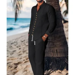 Men's Guayabera Shirt 2 Piece Shirt Set Matching Sets Casual Shirt Plain Vacation Going out Black White Light Blue Long Sleeve Standing Collar Spring & Summer Clothing Apparel Front Pocket