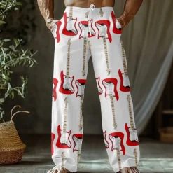 Men's Guitar Musical Instrument Trousers Baggy Pants Casual Pants Mid Waist Retro Vintage Outdoor Vacation Side Pockets Elastic Waist Wide Leg Summer Spring 3D Print Black White Blue