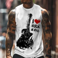 Men's Guitar Vest Top Sleeveless T shirt 3D Print Crew Neck Shirt Sports Fashion Daily Gym White Summer Spring Clothing Apparel S M L XL XXL XXXL