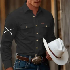 Men's Gun Hunting Work Shirt Western Shirt Cargo Shirt Long Sleeve Tactical Vintage Retro Sports Outdoor WorkWear Spring Fall Turndown Front Two Pockets Button Up Shirts Black White Army Green Blue