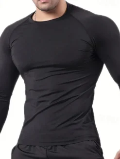Men's Gym Shirt Fitness Shirt Long Sleeve Shirt Crew Neck Long Sleeve Sports & Outdoor Vacation Going out Casual Daily Quick dry Breathable Soft Plain Black / White Black Activewear Fashion Sport