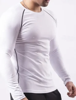 Men's Gym Shirt Fitness Shirt Long Sleeve Shirt Crew Neck Long Sleeve Sports & Outdoor Vacation Going out Casual Daily Quick dry Breathable Soft Plain Black / White Black Activewear Fashion Sport