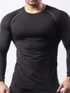 Men's Gym Shirt Fitness Shirt Long Sleeve Shirt Crew Neck Long Sleeve Sports & Outdoor Vacation Going out Casual Daily Quick dry Breathable Soft Plain Black / White Black Activewear Fashion Sport