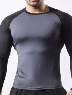 Men's Gym Shirt Fitness Shirt Long Sleeve Shirt Crew Neck Long Sleeve Sports & Outdoor Vacation Going out Casual Daily Quick dry Breathable Soft Plain Black / White Black Activewear Fashion Sport