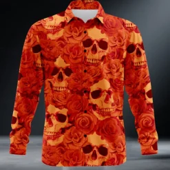 Men's Halloween Costumes Day of the Dead Shirt Button Up Shirt Long Sleeve Dark Punk Gothic Style Outdoor Holiday Summer Spring Turndown 3D Print Collared Shirts Orange red Purple Orange