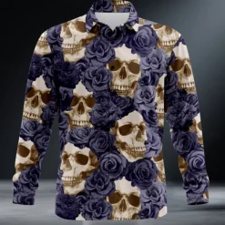 Men's Halloween Costumes Day of the Dead Shirt Button Up Shirt Long Sleeve Dark Punk Gothic Style Outdoor Holiday Summer Spring Turndown 3D Print Collared Shirts Orange red Purple Orange