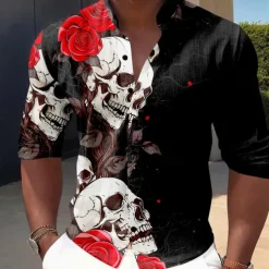 Men's Halloween Costumes Day of the Dead Rose Button Up Shirt Long Sleeve Horror Dark Vacation Party Evening Wear Daily Summer Spring & Fall Grandad Collar Band Collar 3D Print Rose+Black Violet Red