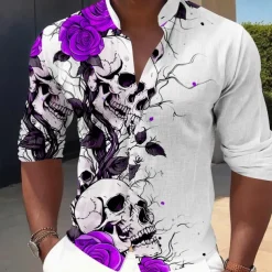Men's Halloween Costumes Day of the Dead Rose Button Up Shirt Long Sleeve Horror Dark Vacation Party Evening Wear Daily Summer Spring & Fall Grandad Collar Band Collar 3D Print Rose+Black Violet Red