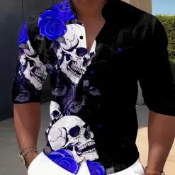 Men's Halloween Costumes Day of the Dead Rose Button Up Shirt Long Sleeve Horror Dark Vacation Party Evening Wear Daily Summer Spring & Fall Grandad Collar Band Collar 3D Print Rose+Black Violet Red
