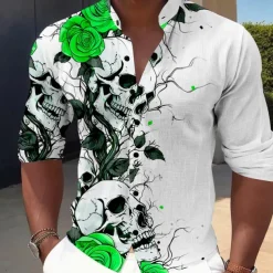 Men's Halloween Costumes Day of the Dead Rose Button Up Shirt Long Sleeve Horror Dark Vacation Party Evening Wear Daily Summer Spring & Fall Grandad Collar Band Collar 3D Print Rose+Black Violet Red