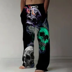 Men's Halloween Costumes Skulls Trousers Baggy Pants Casual Pants Mid Waist Dark Gothic Style Holiday Streetwear Elastic Drawstring Waist Linen-Like Pants with Pockets Summer Spring 3D Print Black 1