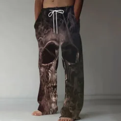 Men's Halloween Costumes Skulls Trousers Baggy Pants Casual Pants Mid Waist Dark Gothic Style Holiday Streetwear Elastic Drawstring Waist Linen-Like Pants with Pockets Summer Spring 3D Print Black