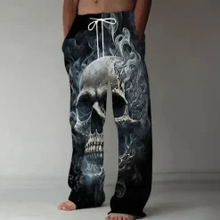 Men's Halloween Costumes Skulls Trousers Baggy Pants Casual Pants Mid Waist Dark Gothic Style Holiday Streetwear Elastic Drawstring Waist Linen-Like Pants with Pockets Summer Spring 3D Print Black