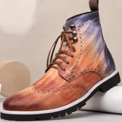 Men's Hand-Painted Brogue Ankle Boots with Lace-Up Design, Faux Leather Upper, and Rugged Sole – Stylish Vintage Casual Footwear