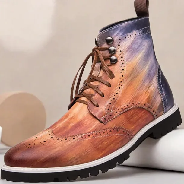 Men's Hand-Painted Brogue Ankle Boots with Lace-Up Design, Faux Leather Upper, and Rugged Sole – Stylish Vintage Casual Footwear