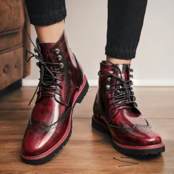 Men's Hand-Painted Brogue Ankle Boots with Lace-Up Design, Faux Leather Upper, and Rugged Sole – Stylish Vintage Casual Footwear