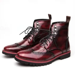 Men's Hand-Painted Brogue Ankle Boots with Lace-Up Design, Faux Leather Upper, and Rugged Sole – Stylish Vintage Casual Footwear