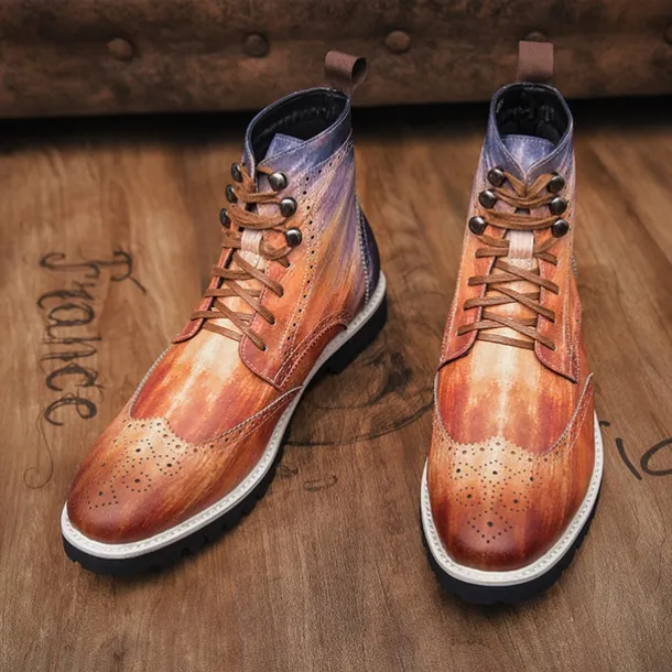 Men's Hand-Painted Brogue Ankle Boots with Lace-Up Design, Faux Leather Upper, and Rugged Sole – Stylish Vintage Casual Footwear