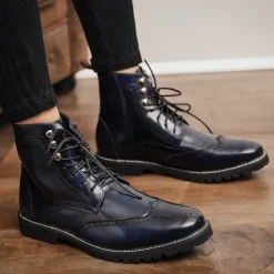 Men's Hand-Painted Brogue Ankle Boots with Lace-Up Design, Faux Leather Upper, and Rugged Sole – Stylish Vintage Casual Footwear