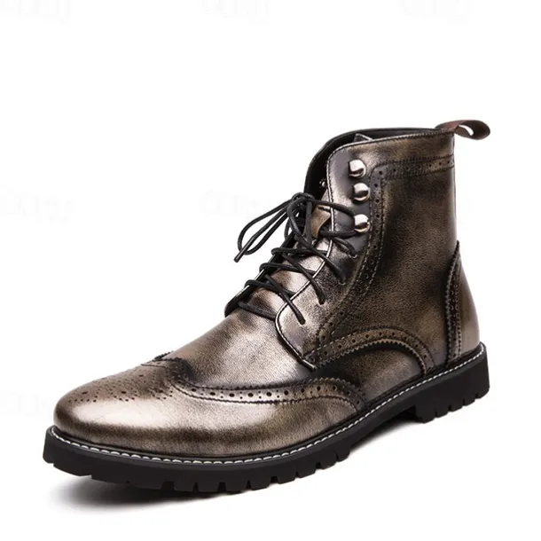 Men's Hand-Painted Brogue Ankle Boots with Lace-Up Design, Faux Leather Upper, and Rugged Sole – Stylish Vintage Casual Footwear