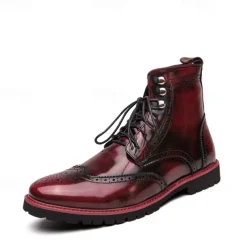 Men's Hand-Painted Brogue Ankle Boots with Lace-Up Design, Faux Leather Upper, and Rugged Sole – Stylish Vintage Casual Footwear
