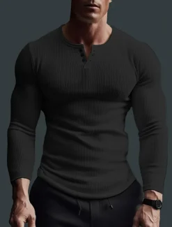 Men's Henley Shirt Ribbed Knit tee Tee Top Long Sleeve Shirt Plain Pit Strip Henley Street Vacation Long Sleeve Clothing Apparel Fashion Designer Basic