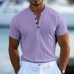 Men's Henley Shirt Short Sleeve Shirt Ribbed Knit tee Tee Top Short Sleeve Solid Color Daily Hawaiian Buttons Henley Outdoor Street Causal Summer Light Blue White Brown Henley T-Shirt