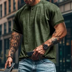 Men's Henley Shirt Tee Short Sleeve Solid Color Plain Distressed Buttons Washed Henley Outdoor Casual Daily Summer Spring & Fall Black Gray Navy Blue Henley T-Shirt