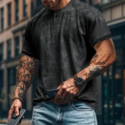 Men's Henley Shirt Tee Short Sleeve Solid Color Plain Distressed Buttons Washed Henley Outdoor Casual Daily Summer Spring & Fall Black Gray Navy Blue Henley T-Shirt