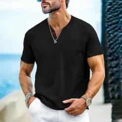 Men's Henley Shirt Tee Top Short Sleeves Plain Fashion Designer Basic Buttons V Neck V Neck Vacation Street Going out Summer Black White Light Blue Henley T-Shirt
