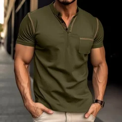 Men's Henley Shirt Tee Top Short Sleeves Plain Fashion Designer Basic Pocket Henley Vacation Street Going out Summer Apricot Black White Henley T-Shirt