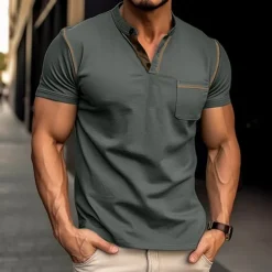 Men's Henley Shirt Tee Top Short Sleeves Plain Fashion Designer Basic Pocket Henley Vacation Street Going out Summer Apricot Black White Henley T-Shirt