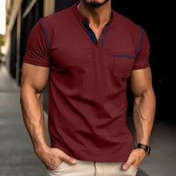 Men's Henley Shirt Tee Top Short Sleeves Plain Fashion Designer Basic Pocket Henley Vacation Street Going out Summer Apricot Black White Henley T-Shirt