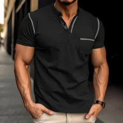 Men's Henley Shirt Tee Top Short Sleeves Plain Fashion Designer Basic Pocket Henley Vacation Street Going out Summer Apricot Black White Henley T-Shirt