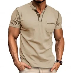 Men's Henley Shirt Tee Top Short Sleeves Plain Fashion Designer Basic Pocket Henley Vacation Street Going out Summer Apricot Black White Henley T-Shirt