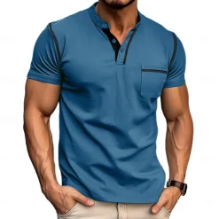 Men's Henley Shirt Tee Top Short Sleeves Plain Fashion Designer Basic Pocket Henley Vacation Street Going out Summer Apricot Black White Henley T-Shirt