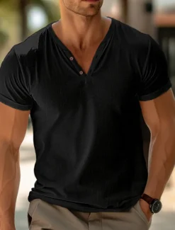 Men's Henley Shirt Tee Top Plain V Neck Street Vacation Short Sleeves Clothing Apparel Fashion Designer Basic
