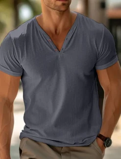 Men's Henley Shirt Tee Top Plain V Neck Street Vacation Short Sleeves Clothing Apparel Fashion Designer Basic