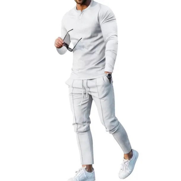 Men's Henley Shirt T-shirt Suits Tracksuit Tennis Shirt Long Sleeve Henley Spring & Fall Plain Gymnatics Casual 2 Piece Vacation Daily Wear Activewear Black White Navy Blue Top Tee for Men