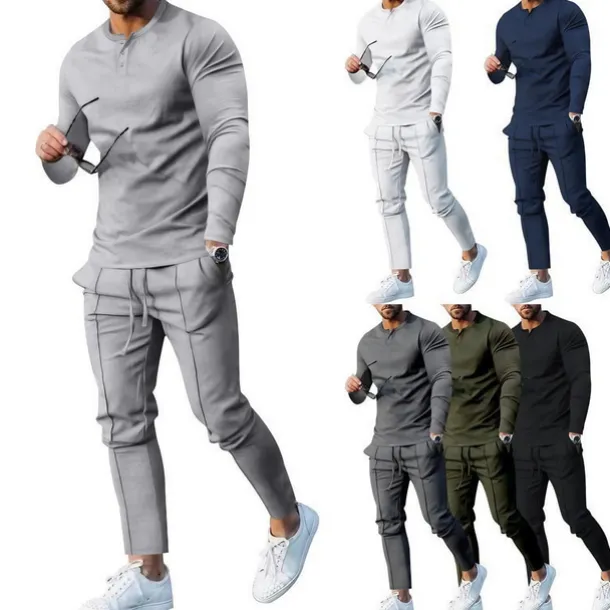 Men's Henley Shirt T-shirt Suits Tracksuit Tennis Shirt Long Sleeve Henley Spring & Fall Plain Gymnatics Casual 2 Piece Vacation Daily Wear Activewear Black White Navy Blue Top Tee for Men