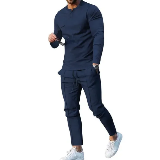 Men's Henley Shirt T-shirt Suits Tracksuit Tennis Shirt Long Sleeve Henley Spring & Fall Plain Gymnatics Casual 2 Piece Vacation Daily Wear Activewear Black White Navy Blue Top Tee for Men