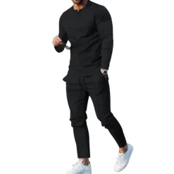 Men's Henley Shirt T-shirt Suits Tracksuit Tennis Shirt Long Sleeve Henley Spring & Fall Plain Gymnatics Casual 2 Piece Vacation Daily Wear Activewear Black White Navy Blue Top Tee for Men