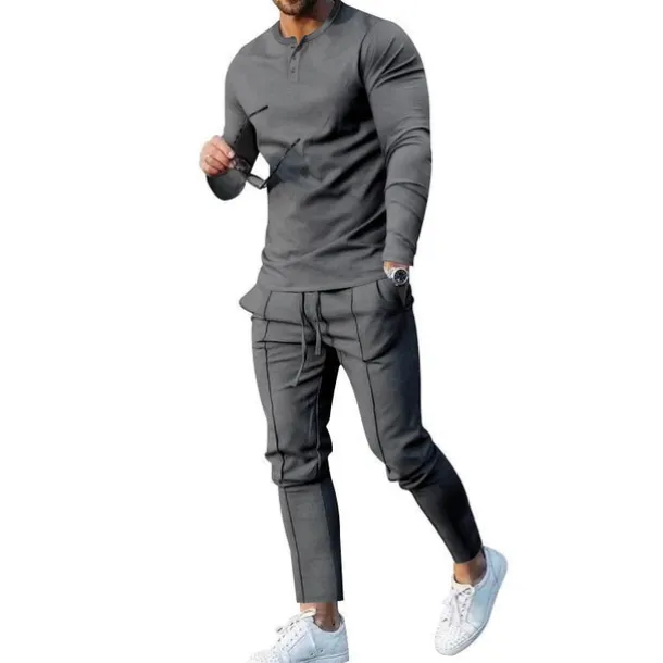 Men's Henley Shirt T-shirt Suits Tracksuit Tennis Shirt Long Sleeve Henley Spring & Fall Plain Gymnatics Casual 2 Piece Vacation Daily Wear Activewear Black White Navy Blue Top Tee for Men